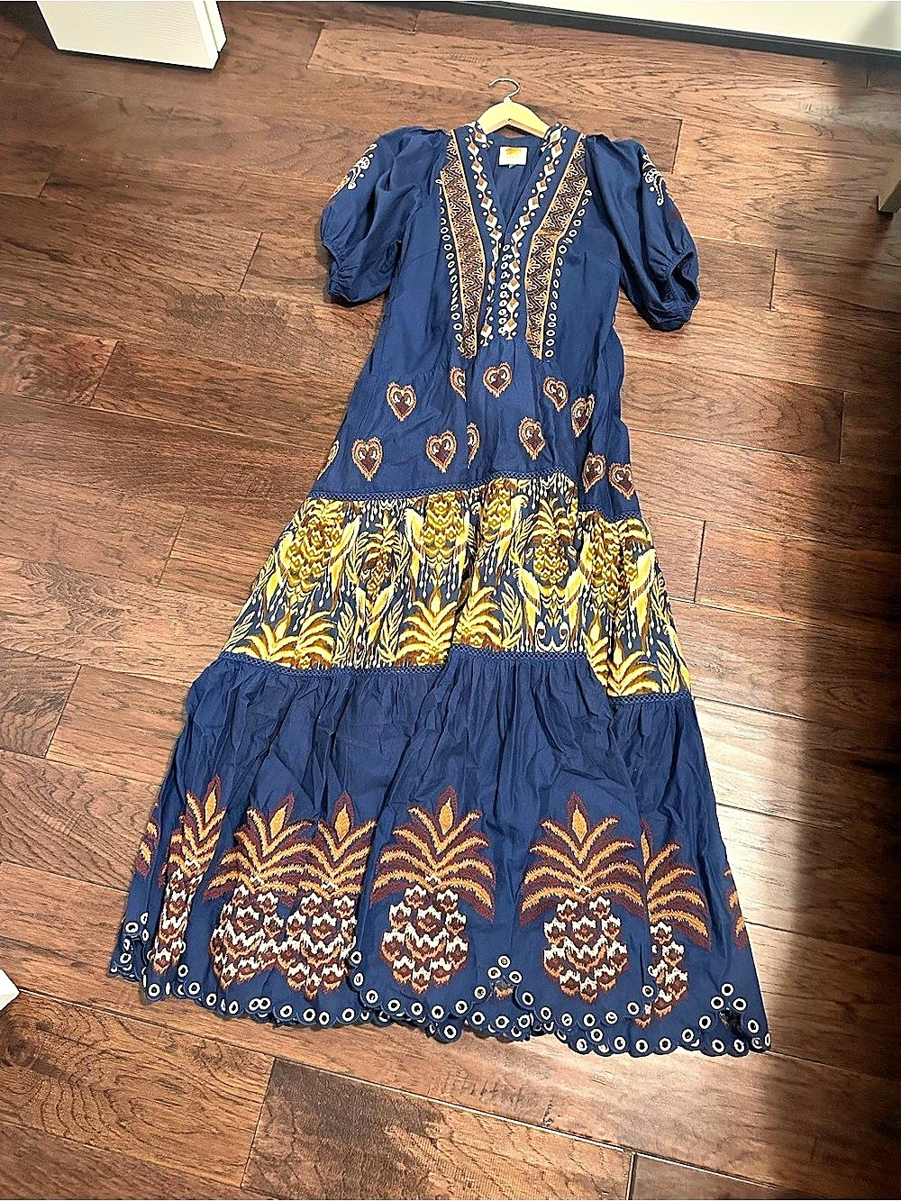 Farm Rio Delicate Pineapple Navy Blue Maxi Dress Blue & Yellow Small
